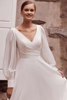 Sincerity Bridal Style 44264 Pleated V-Neck Chiffon A-Line Bridal Gown with Bishop Sleeves