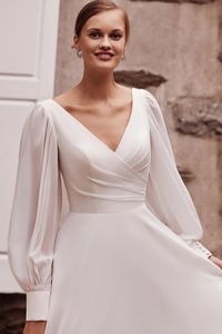 Sincerity Bridal Style 44264 Pleated V-Neck Chiffon A-Line Bridal Gown with Bishop Sleeves