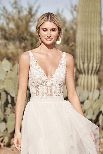 Lillian West Style 66161 Lace A-Line Gown with Square Neckline and Scoop Back