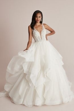 Justin Alexander Style 88227 Carissa Glitter Tulle Ball Gown with Ruffle Skirt and Plunging V-Neckline