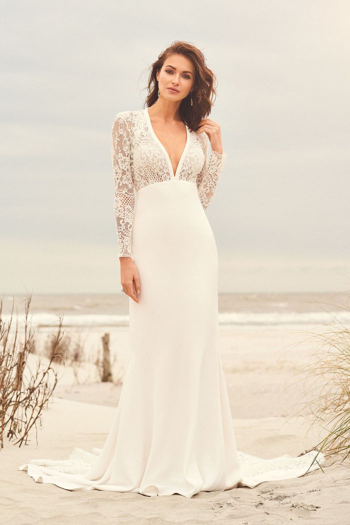 crepe wedding dress with lace inset train