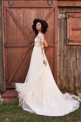 Lillian West Style 66192 Long Sleeve A-Line Dress with Sequined Lace and Chiffon Appliqués