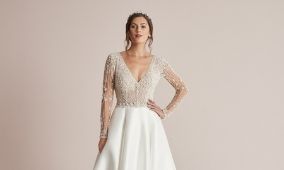 Justin Alexander Style 88216 Carson Beaded Long Sleeve Ball Gown with Mikado Skirt and Pockets