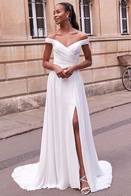 Adore by Justin Alexander Style 11167 Felicity Pleated Off the Shoulder Chiffon A-Line Dress with Slit