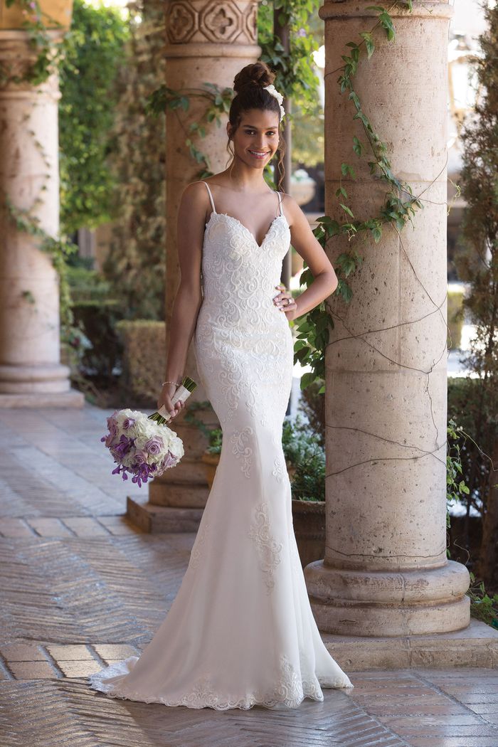 spaghetti strap fit and flare wedding dress