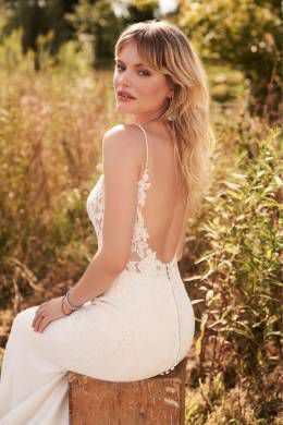 Lillian West Style 66180 Scoop Neck Crepe Fit and Flare Bridal Dress with Illusion Bodice
