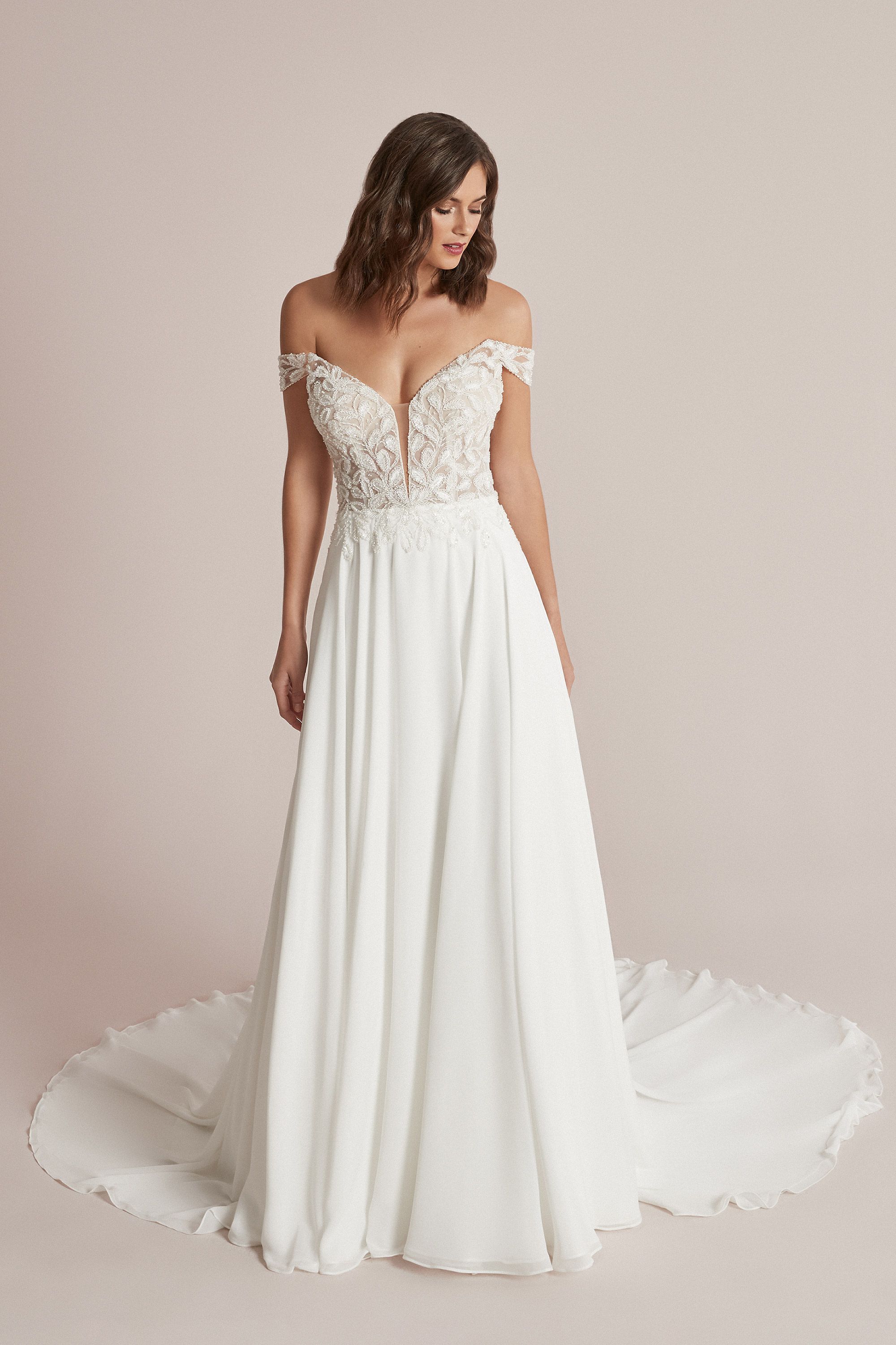 Style Carina OffTheShoulder Chiffon ALine Wedding Dress with Beaded