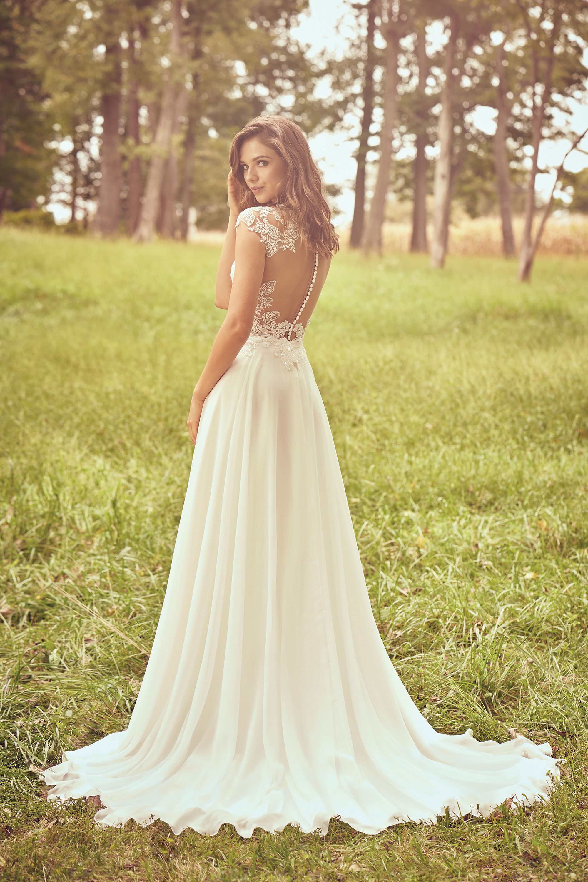 Style 66077 Chiffon ALine Dress with Queen Anne Neckline Lillian West