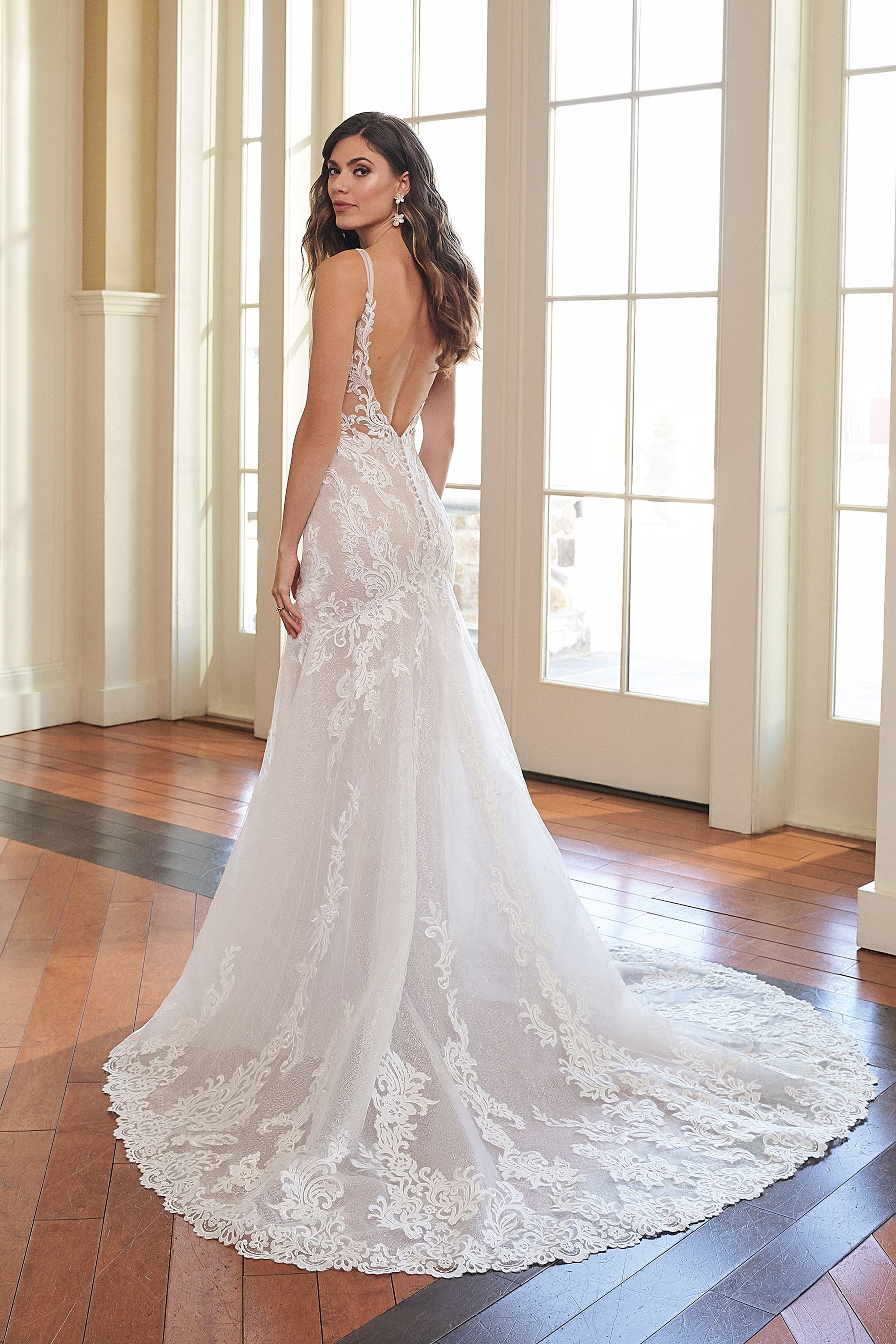 Style 44307: Lace Trumpet Gown with Low Back and Shoulder Bows ...